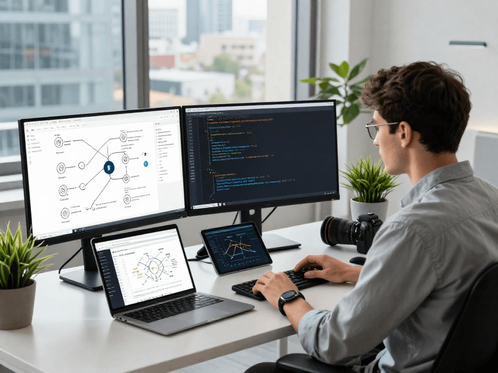 Developer exploring Tornado Cash's privacy technology in a modern office.