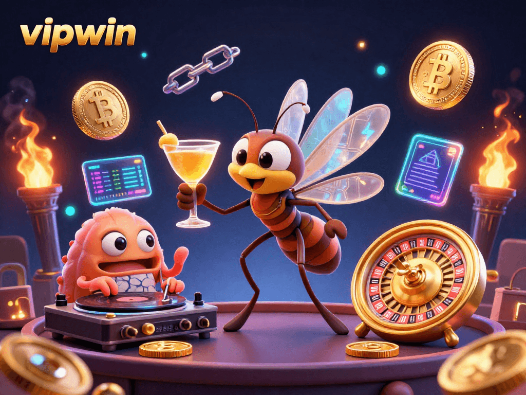 Experience thrilling gameplay at vipwin with a 3D scene of vibrant casino elements and crypto coins.