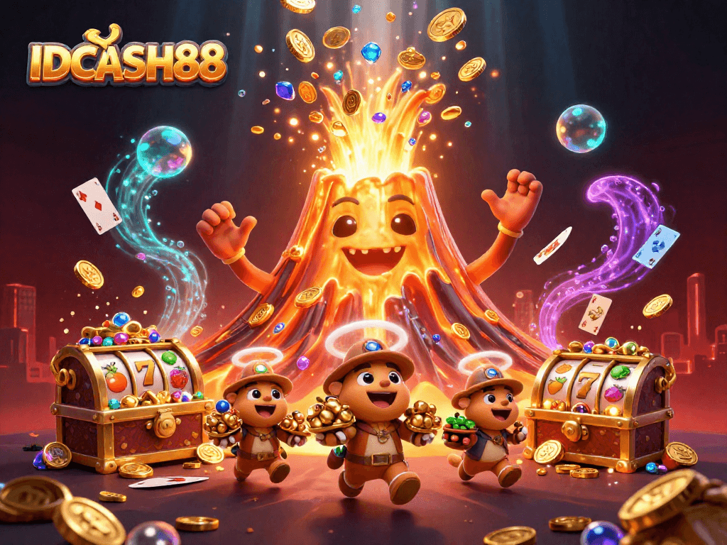 Experience thrilling adventures at IDCASH88 with captivating gold volcano and treasure-filled scene.