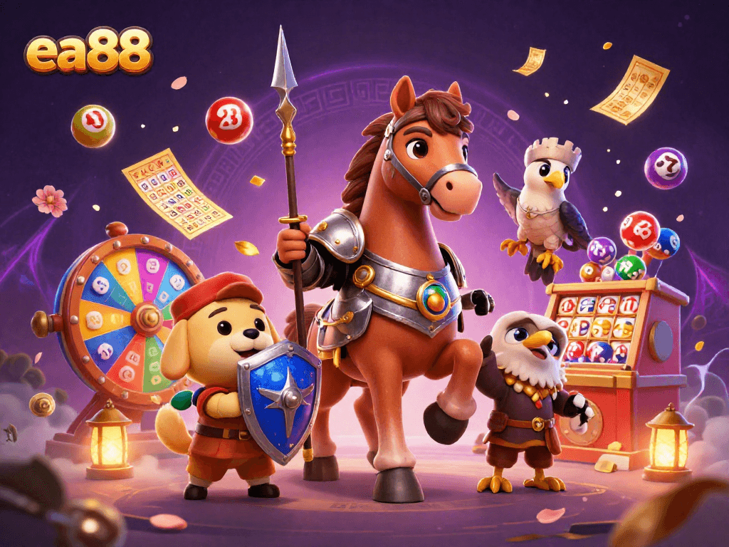 Win big with EA88 in a vibrant, dynamic online casino environment featuring a knight, squire, and a falcon.