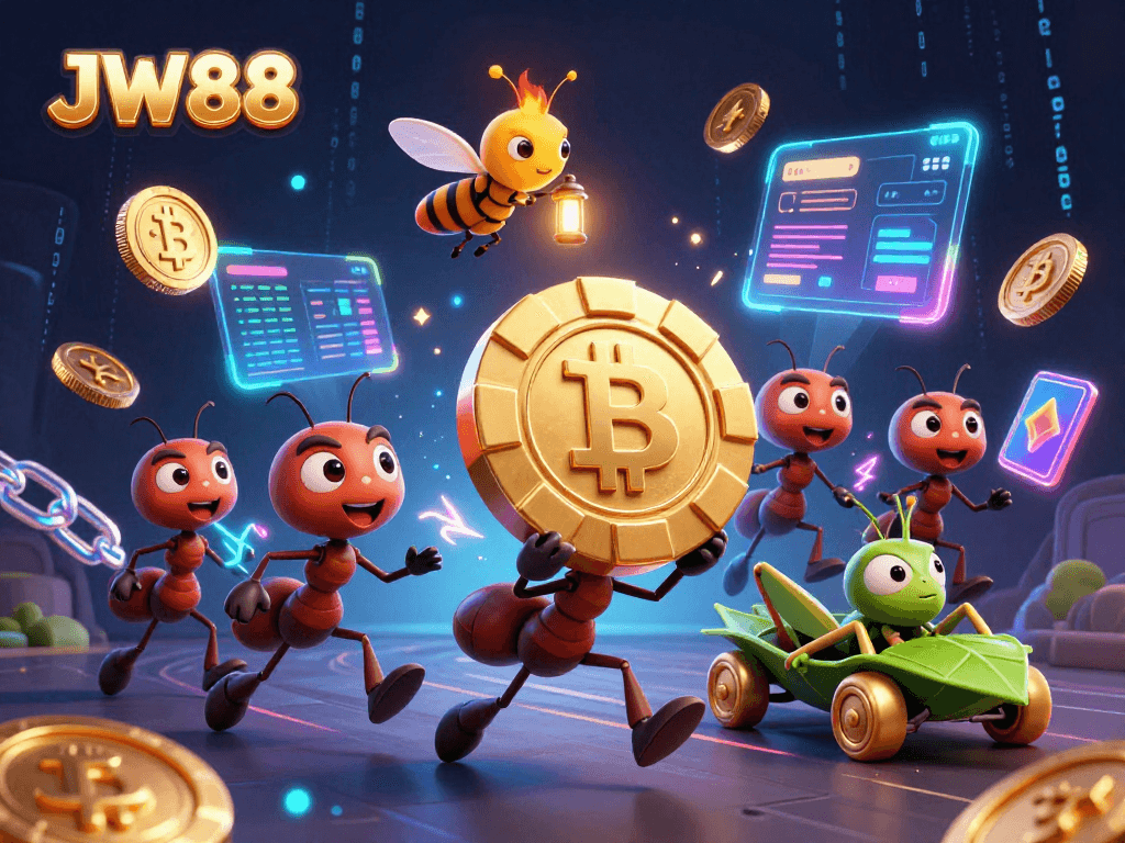 JW88 engages players with an exciting heist scene featuring ants and poker chips amidst crypto elements.