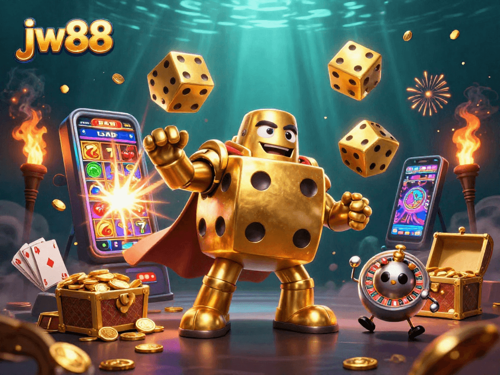 jw88 engages in thrilling casino action with golden dice golem and vibrant slot machine burst