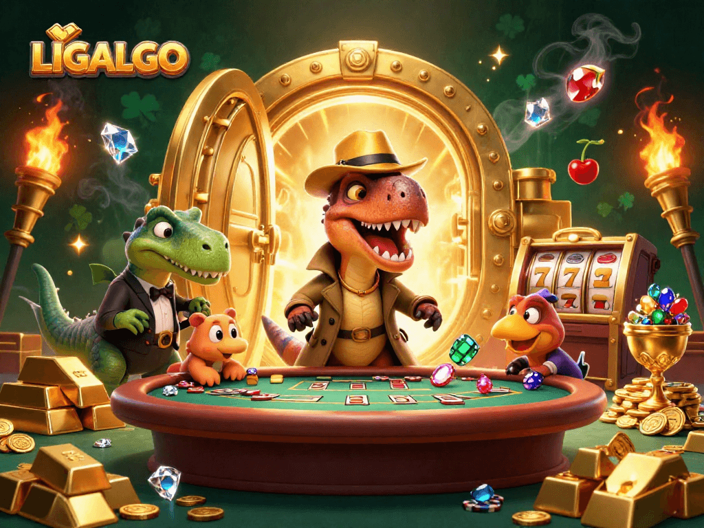LIGALGO's animated 3D velociraptor counter at a blackjack table amidst treasures and slot elements