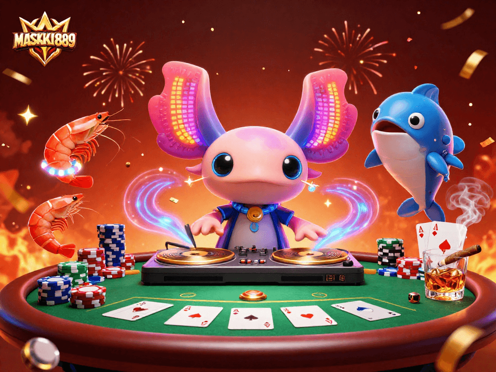 Experience the exciting MASKOKI889 gaming world with a lively casino scene featuring unique characters.