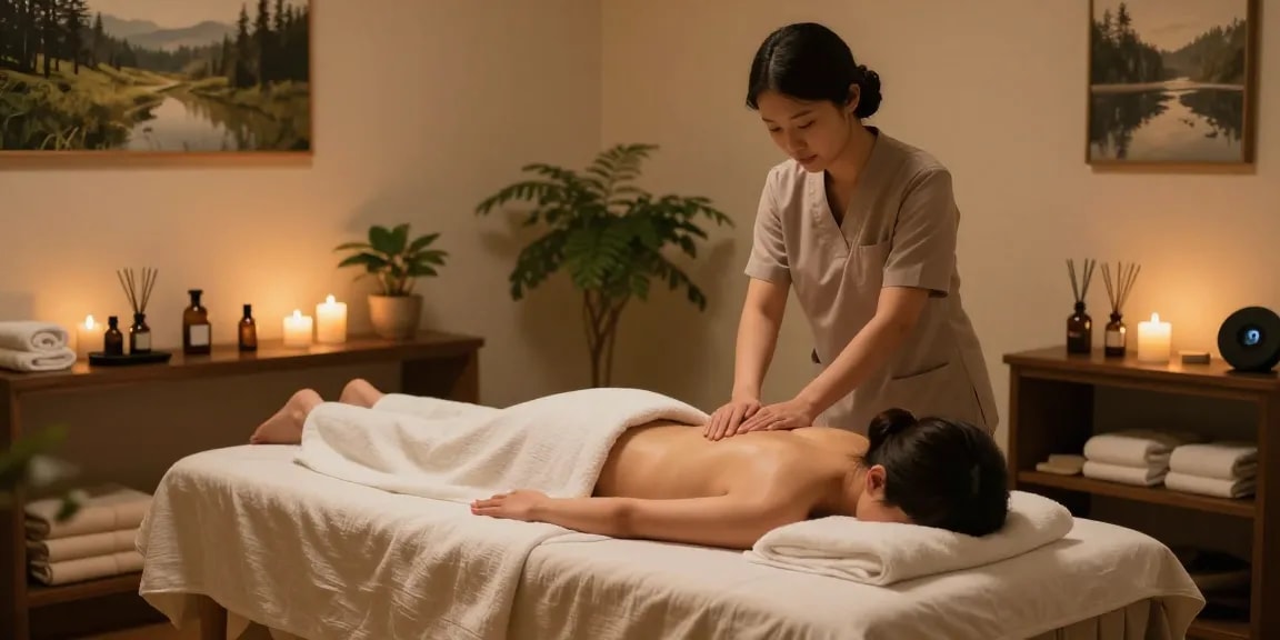Relaxing 의정부출장마사지 scene in a tranquil studio with candles and soothing ambiance.