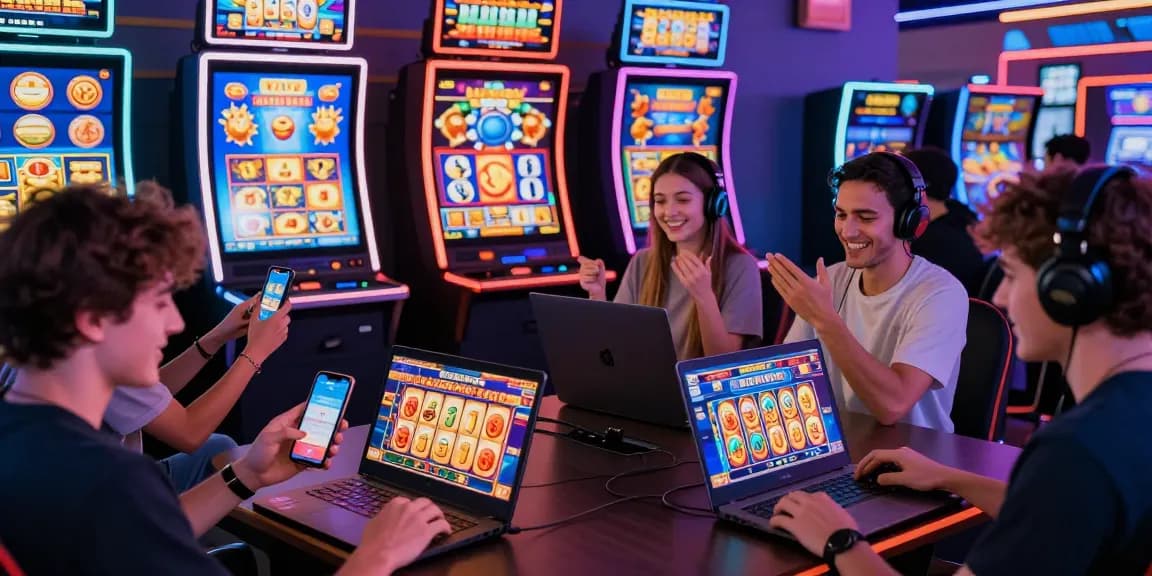 Exciting gaming scene showcasing players enjoying lavowin daftar on various devices, highlighting vibrant slot game animations and joyful interactions.