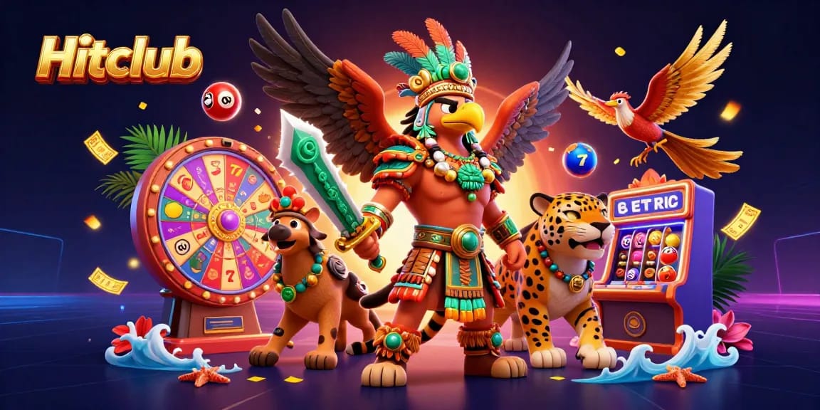 Experience the Hitclub excitement with vibrant 3D casino warriors amidst colorful lottery balls and a spinning prize wheel.