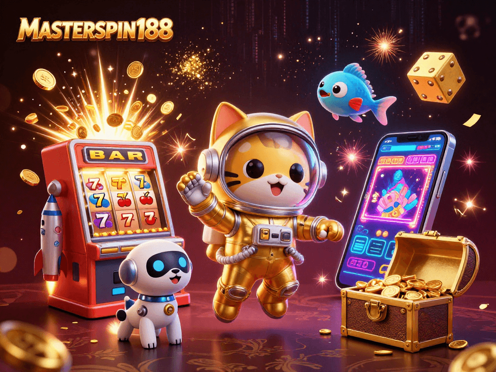 Engage with exciting wins at MASTERSPIN188, featuring vibrant slot machines, golden coins, and alien adventures.