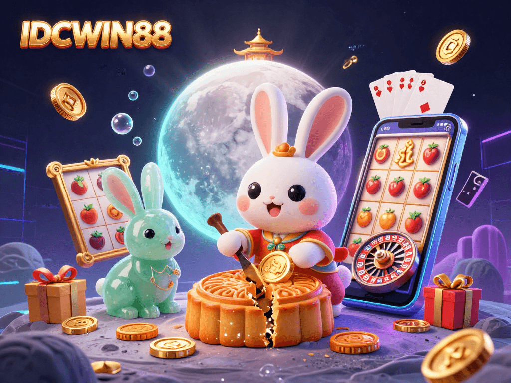 The 3D Illustration showcases IDCWIN88 with a moon rabbit revealing poker chips, surrounded by dynamic casino elements.