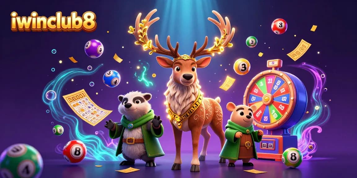 Engage with iwinclub8's dynamic lottery gaming adventure featuring colorful bouncing lottery balls and a Celtic stag.
