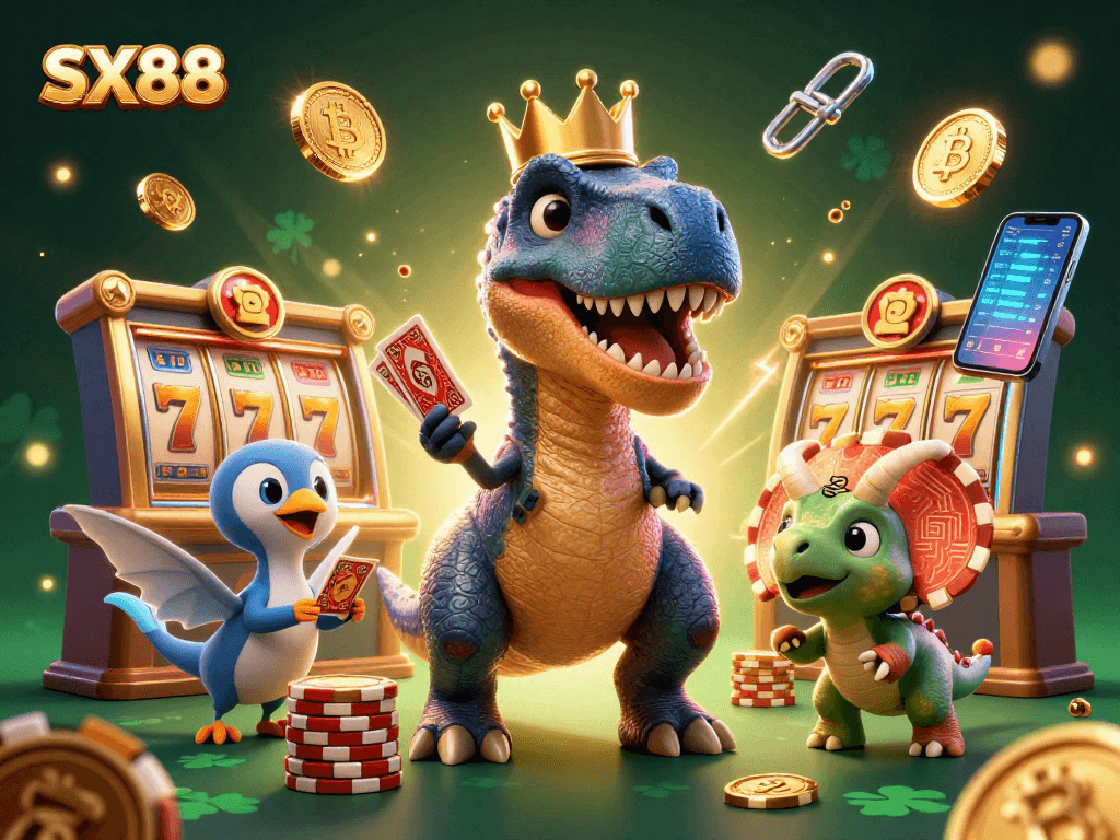 SX88 unleashes vibrant slot excitement with a friendly T-Rex and pterodactyl handling cards at the casino.