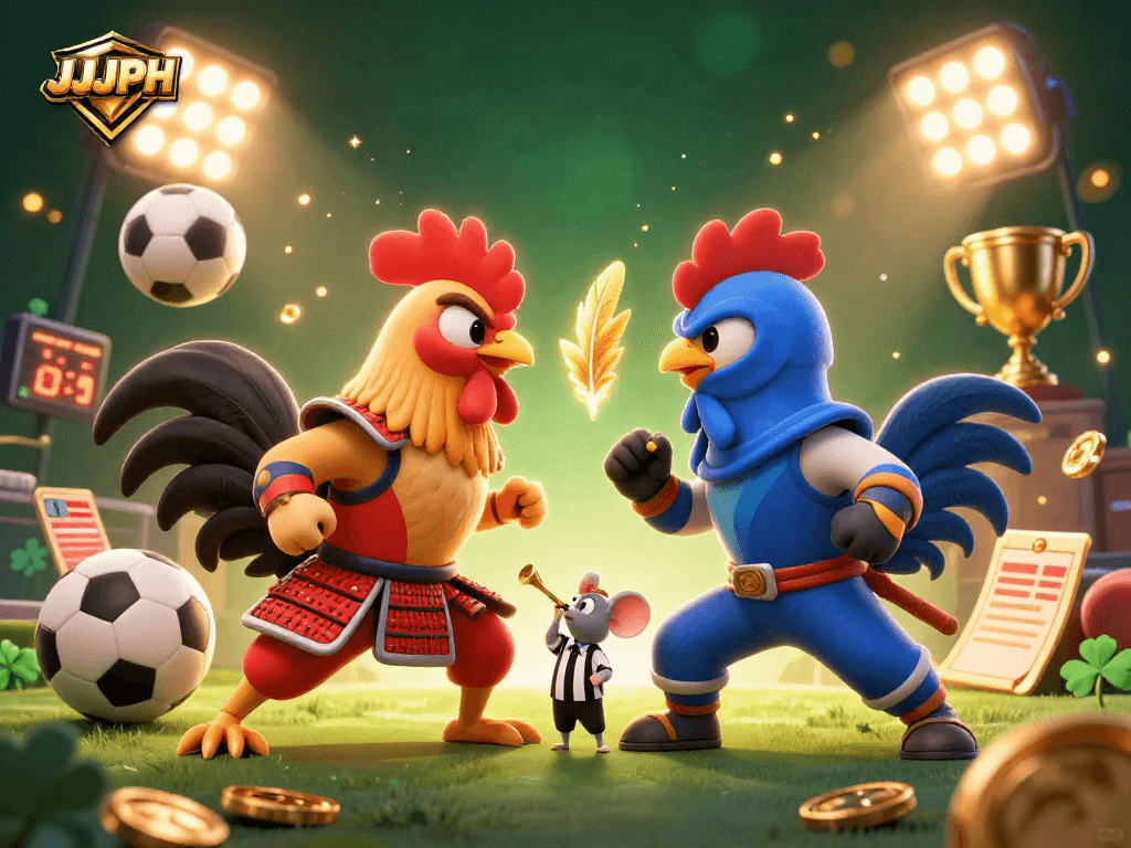 Experience thrilling action with JJJPH's fighting roosters in an electrifying casino-themed showdown.