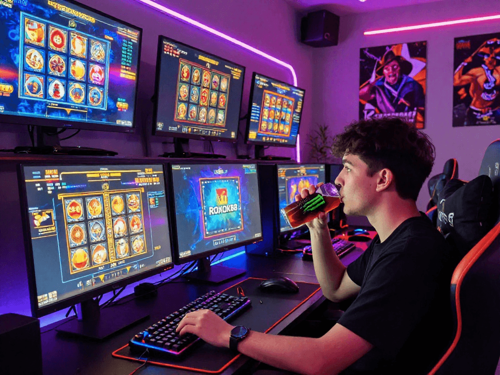 Player enjoying rokok88 online slot game in vibrant neon-lit gaming setup