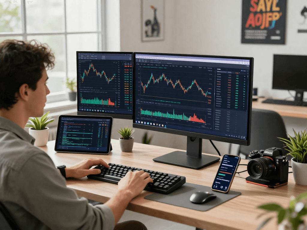 Un hombre utilizando Immediate Edge en un entorno de oficina moderna, con múltiples pantallas de análisis de criptomonedas.