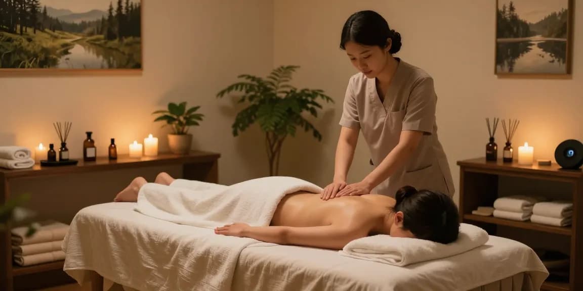 Relaxing 의정부출장마사지 scene in a tranquil studio with candles and soothing ambiance.