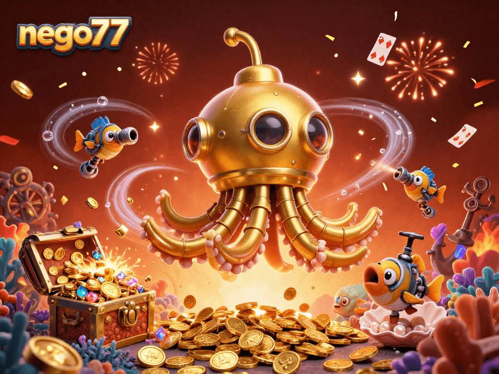 Nego77 offers thrilling action in a vibrant underwater casino scene featuring a golden kraken submarine.