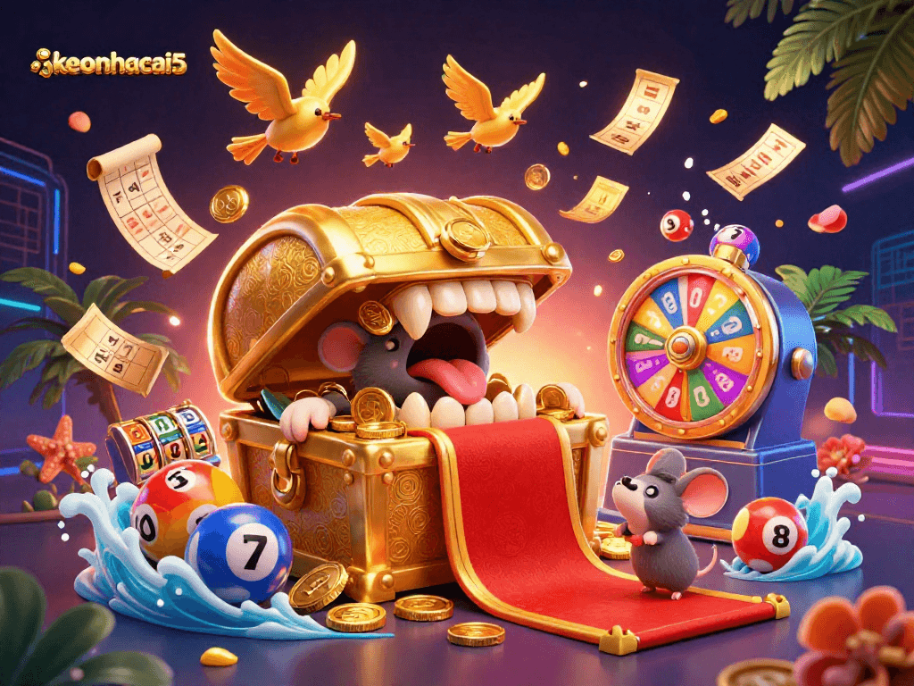 Engage with keonhacai5's vibrant lottery and slot simulation featuring dynamic colorful elements and rich visuals.