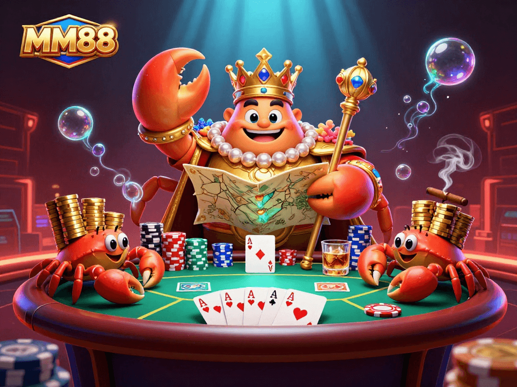 Experience the gaming excitement at MM88 with a vibrant illustration showcasing a golden crab emperor ruling the casino.
