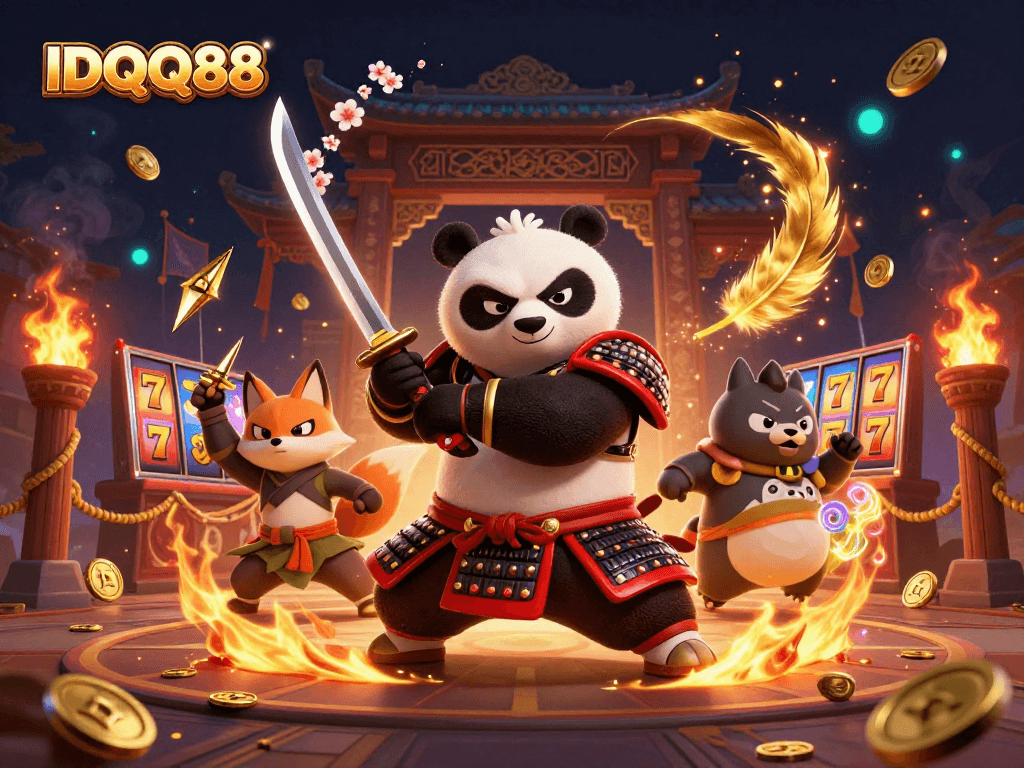 IDQQ88 features a dynamic scene with a fierce panda samurai, ninja fox, and tanuki, invoking thrilling casino energy.