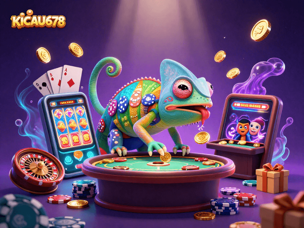 KICAU678 chameleon casino character immerses players in a vibrant gaming experience with colorful slot games.