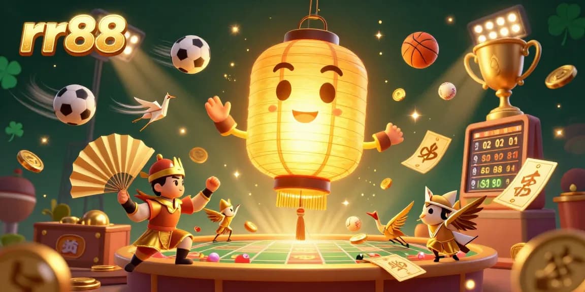 Engage with rr88 at this dynamic casino scene filled with sports betting excitement and vibrant characters.