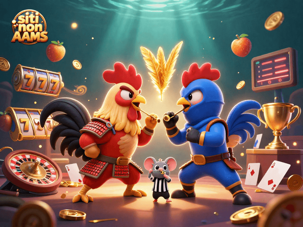 Scene di scommesse con siti non AAMS e galli combattenti in un'arena, jackpot e trofei.