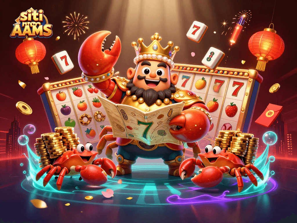 I giocatori scoprono i siti non AAMS con un re granchio imperiale, slot machine e dettagli dorati.