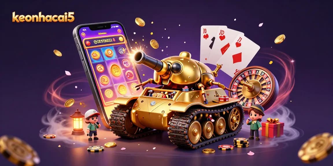 Spin the reels featuring keonhacai5 in a vibrant 3D casino scene with golden coins and confetti.
