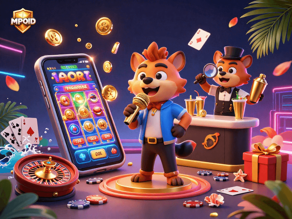 Engage with MPOID's casino fun as hyenas run the show, filled with vibrant slot game elements.