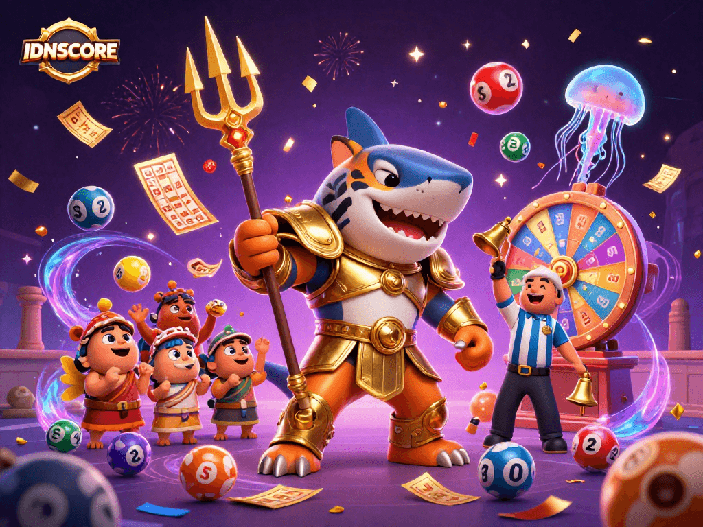IDNSCORE showcases a thrilling lottery scene with vibrant dynamics and immersive characters in action.