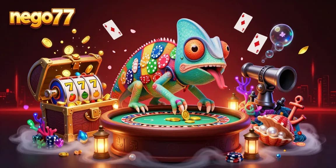 Join the action with nego77 while the chameleon casino owner captures golden coins amidst a vibrant slot scene.