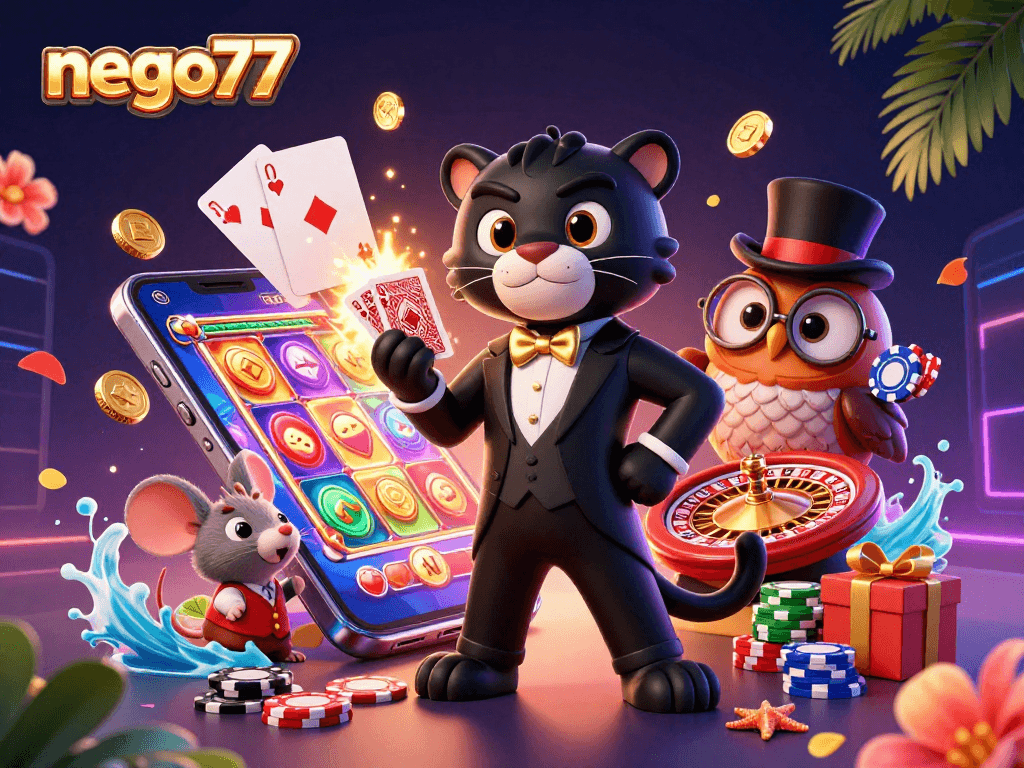Experience the thrill of gaming with nego77, featuring an elegant black panther and magical owl at the casino.