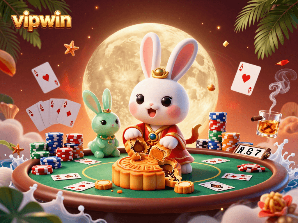 Experience the excitement of vipwin with vibrant poker-themed digital art featuring playful characters and casino elements.