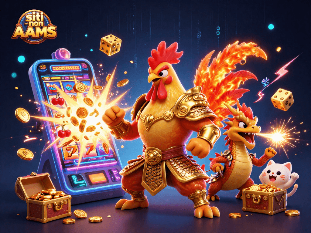 Stai esplorando siti non AAMS con un guerriero gallo e dragone in un'illustrazione di casinò vibrante.