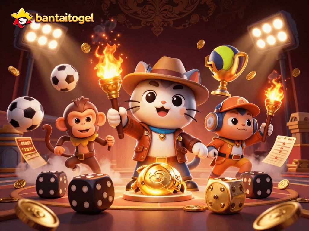 Bantaitogel menampilkan ilustrasi 3D kucing arkeolog menemukan artefak kasino emas dengan teman monyet, dipenuhi elemen olahraga dan efek dramatis.
