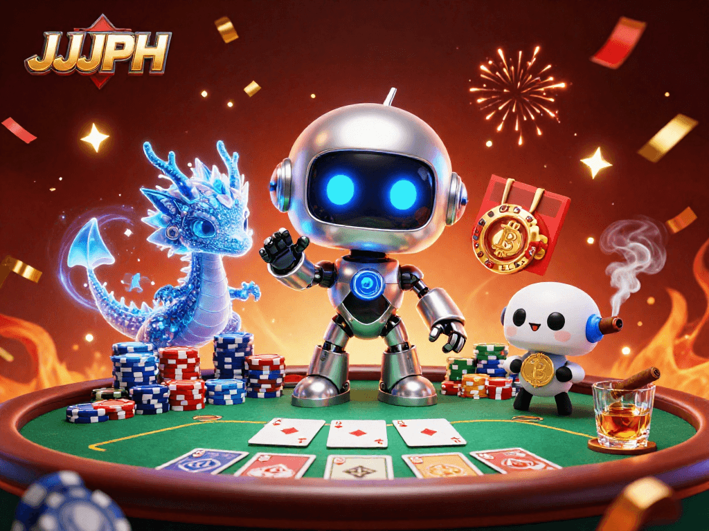 Experience the excitement at JJJPH with advanced poker gaming, showcasing a vibrant cyberpunk scene.