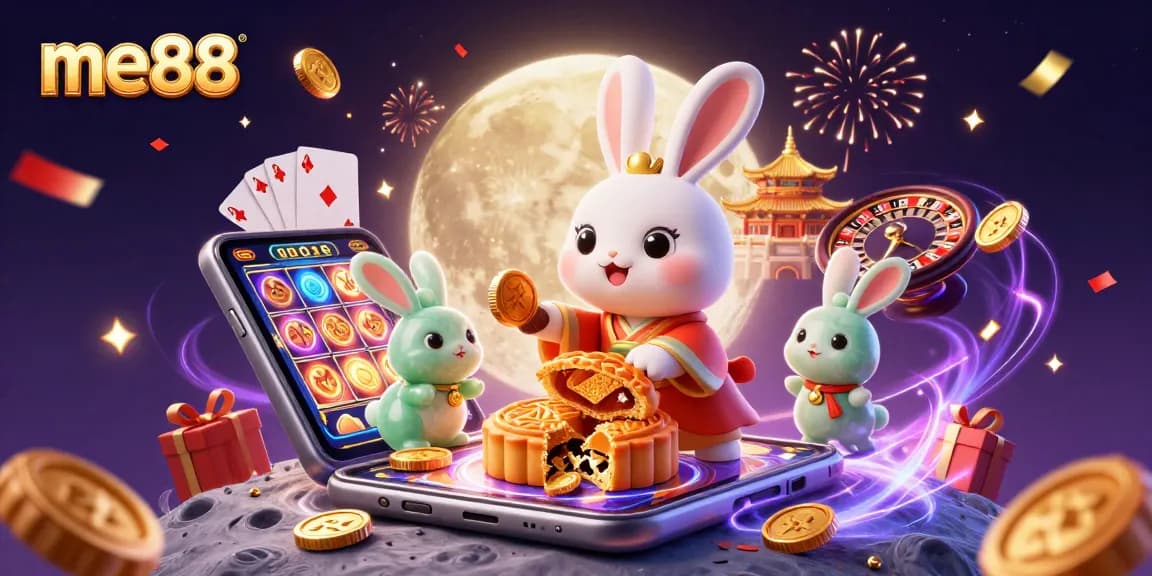 Engage with me88's immersive gaming world featuring a moon rabbit and magical casino elements.