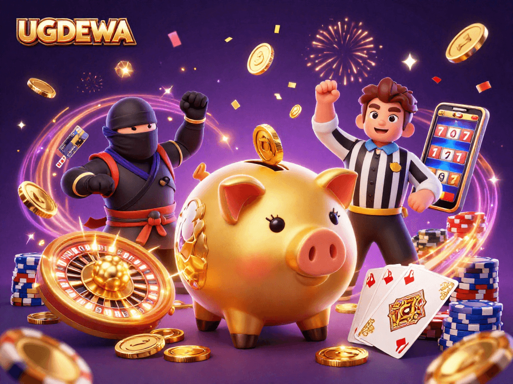 Engage in thrilling gameplay with UGDEWA, witnessing the golden piggy bank sumo wrestler and unique casino elements.