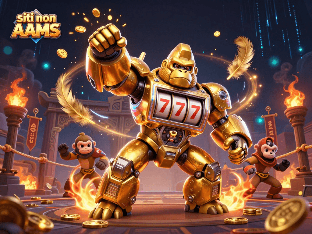 Azioni nei siti non AAMS con un mech gorilla d'oro tra slot e fuochi d'artificio.