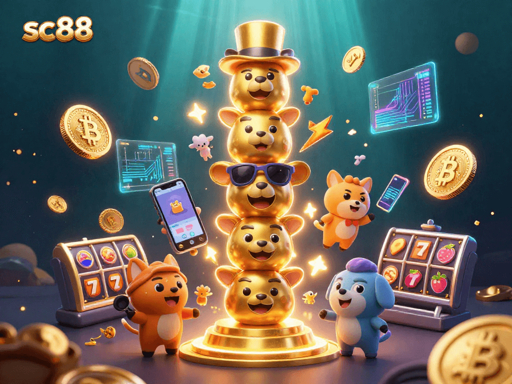 Experience thrilling gameplay at sc88 with vibrant slot reels, crypto coins, and animated characters.