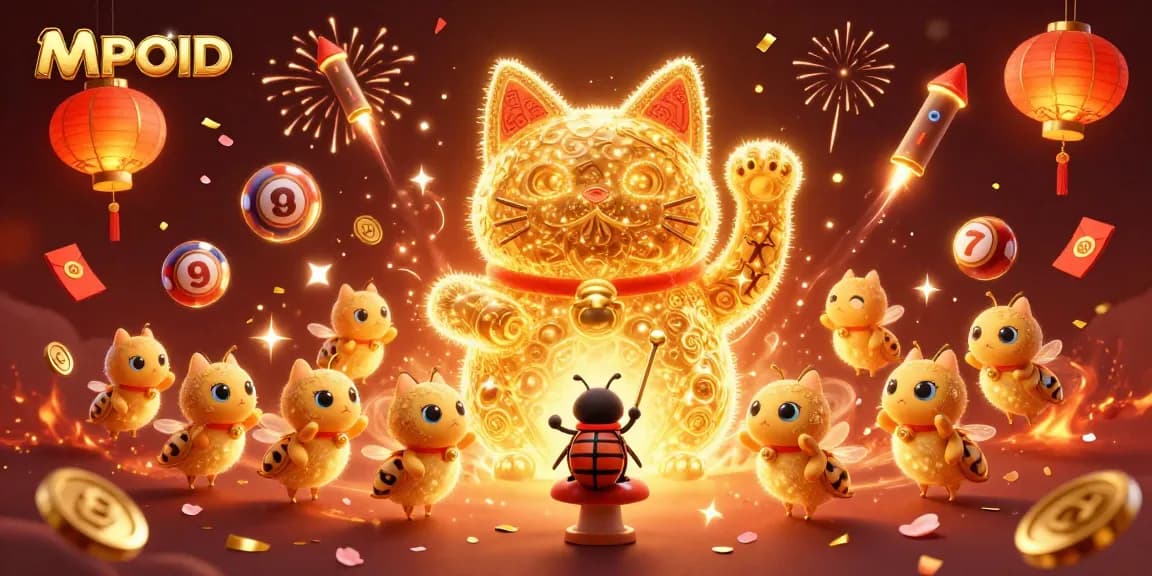 MPOID showcases a vibrant lottery scene, featuring a giant lucky cat among colorful symbols and festive elements.