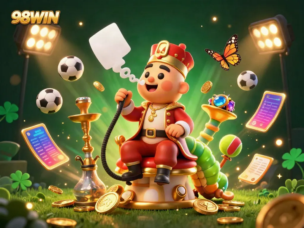 Engage in thrilling gaming at 98WIN with vibrant poker symbols and dynamic sports elements.