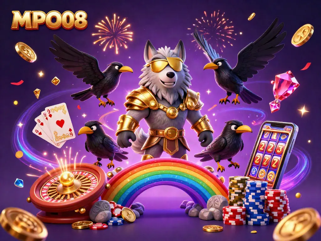 MPO08 spins exciting casino elements with Odin, ravens, coins, and roulette dynamic illustration