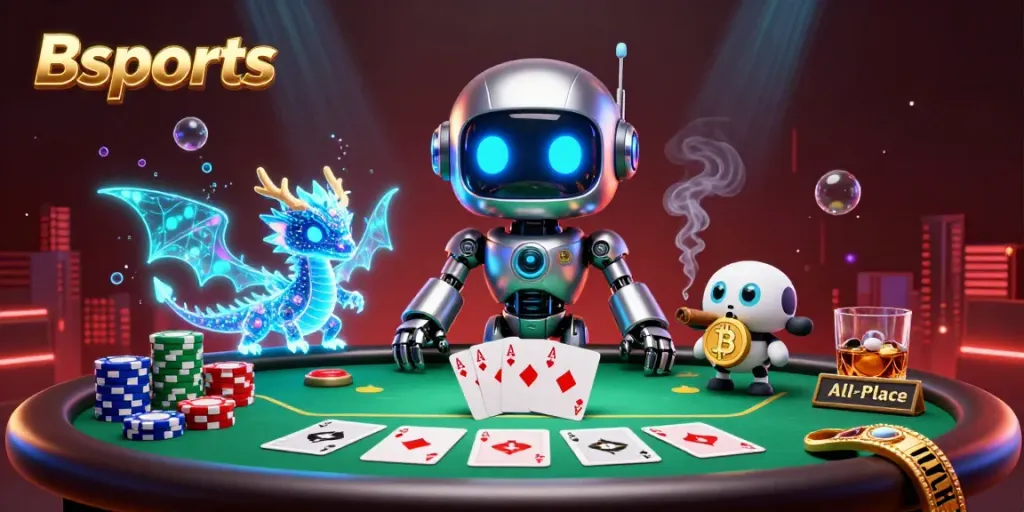 Create exciting bets with Bsports in a dynamic 3D casino scene featuring a cyberpunk robot, AI dragon, and poker elements.