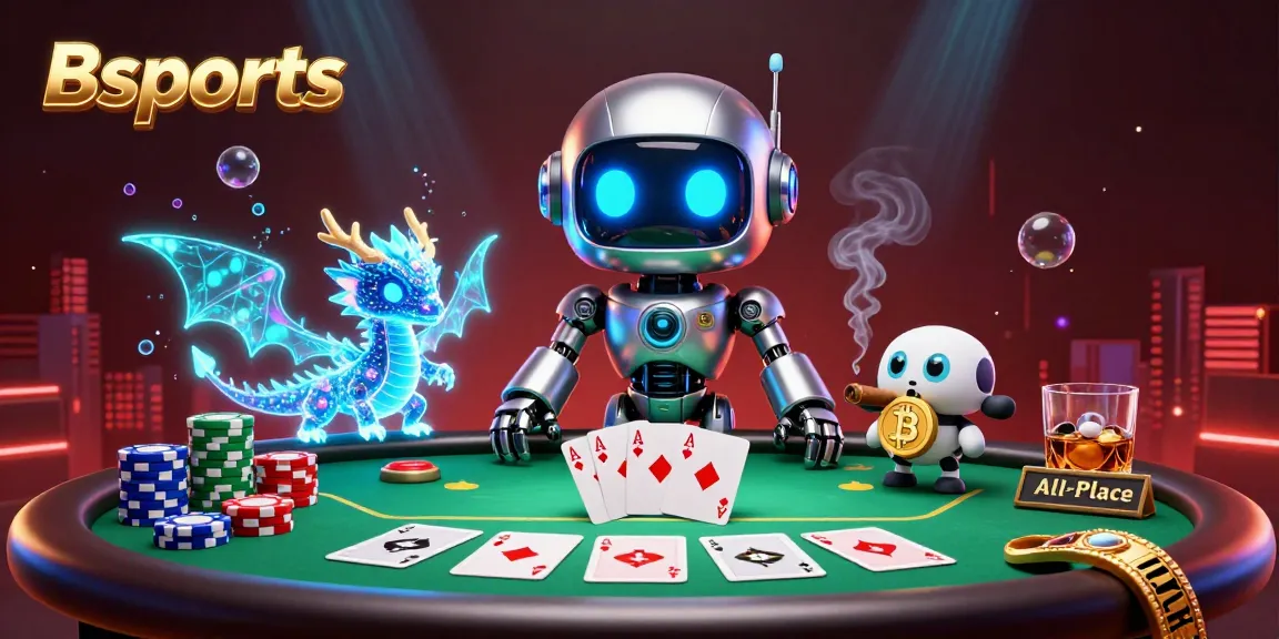 Create exciting bets with Bsports in a dynamic 3D casino scene featuring a cyberpunk robot, AI dragon, and poker elements.