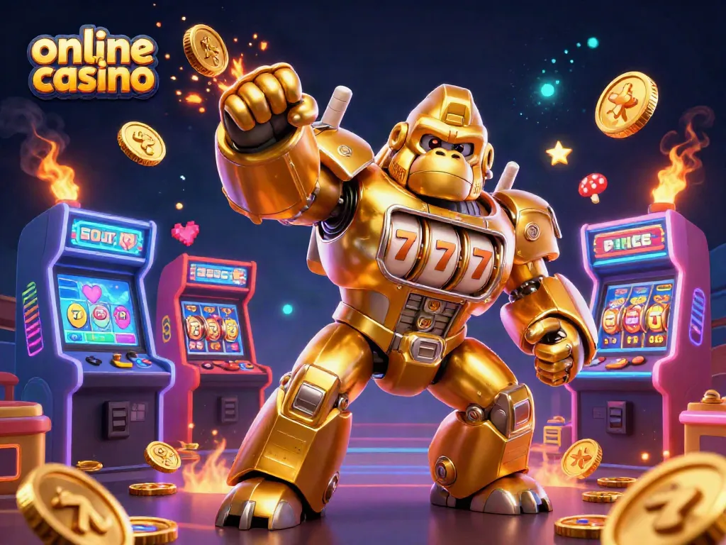 Gana en el casino online con esta ilustración dinámica de un gorila en una máquina tragamonedas y elementos de juegos de azar.