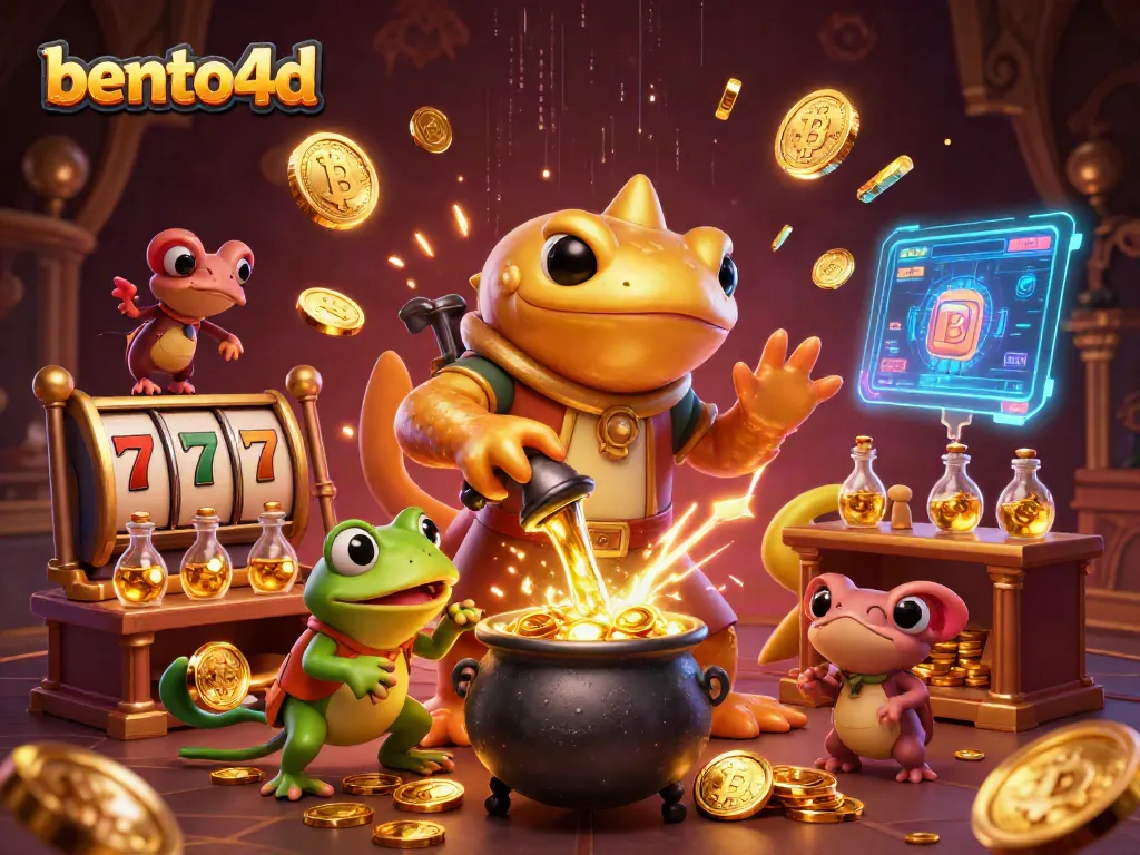 Engage with bento4d slots through vibrant 3D illustration of an alchemist converting gold in a casino setting.