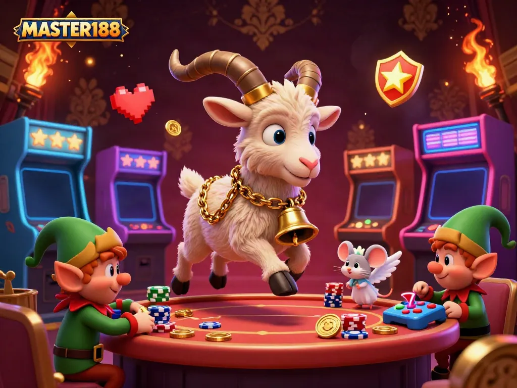 Experience excitement at MASTER188's casino with festive characters and vibrant gaming elements.