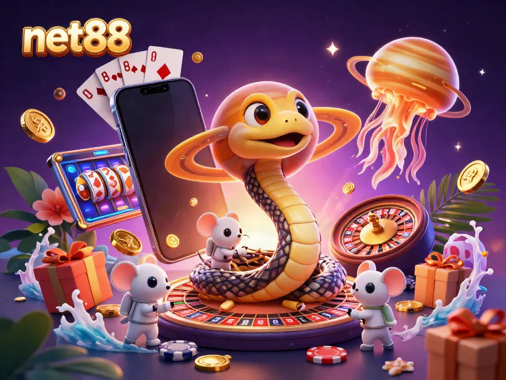 Experience the thrill of net88 as astronaut mice bet around a roulette wheel in this detailed casino scene.