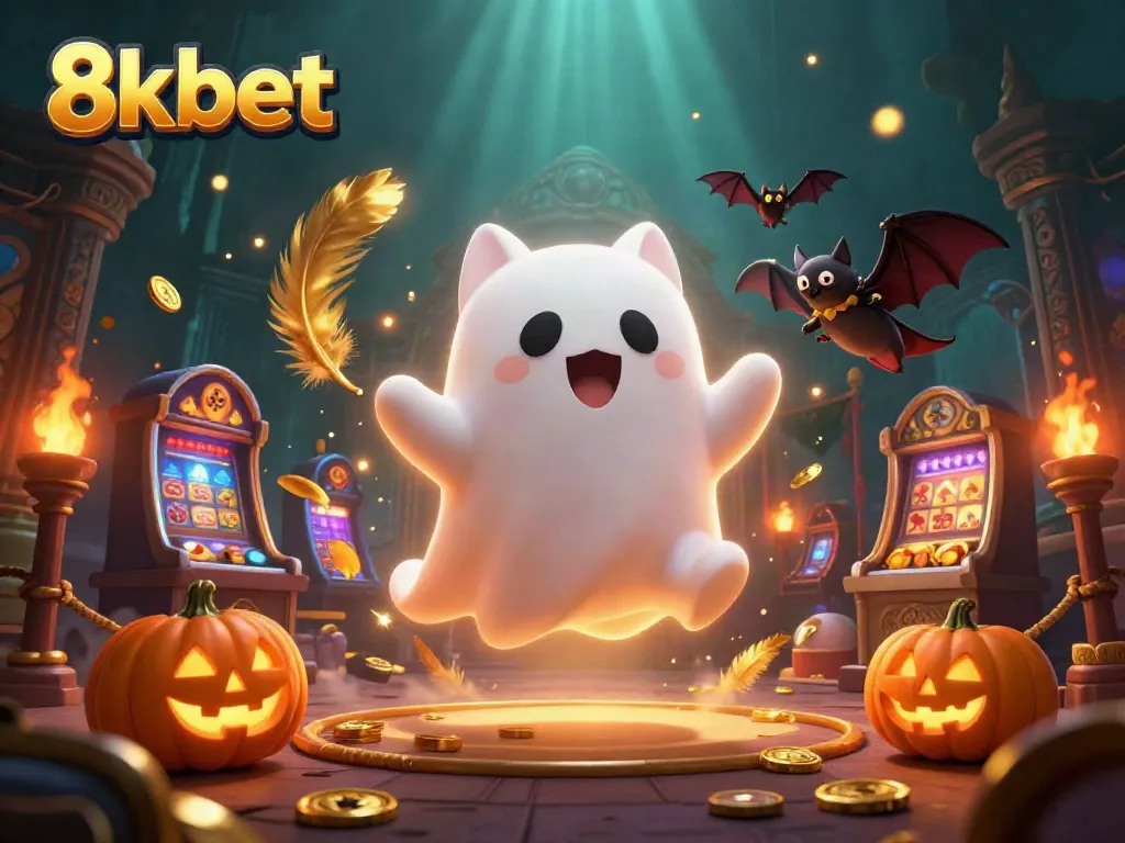 Engage with 8xbet in a vibrant haunted casino scene featuring a ghost cat, vampire bat, and glowing jack-o-lanterns.
